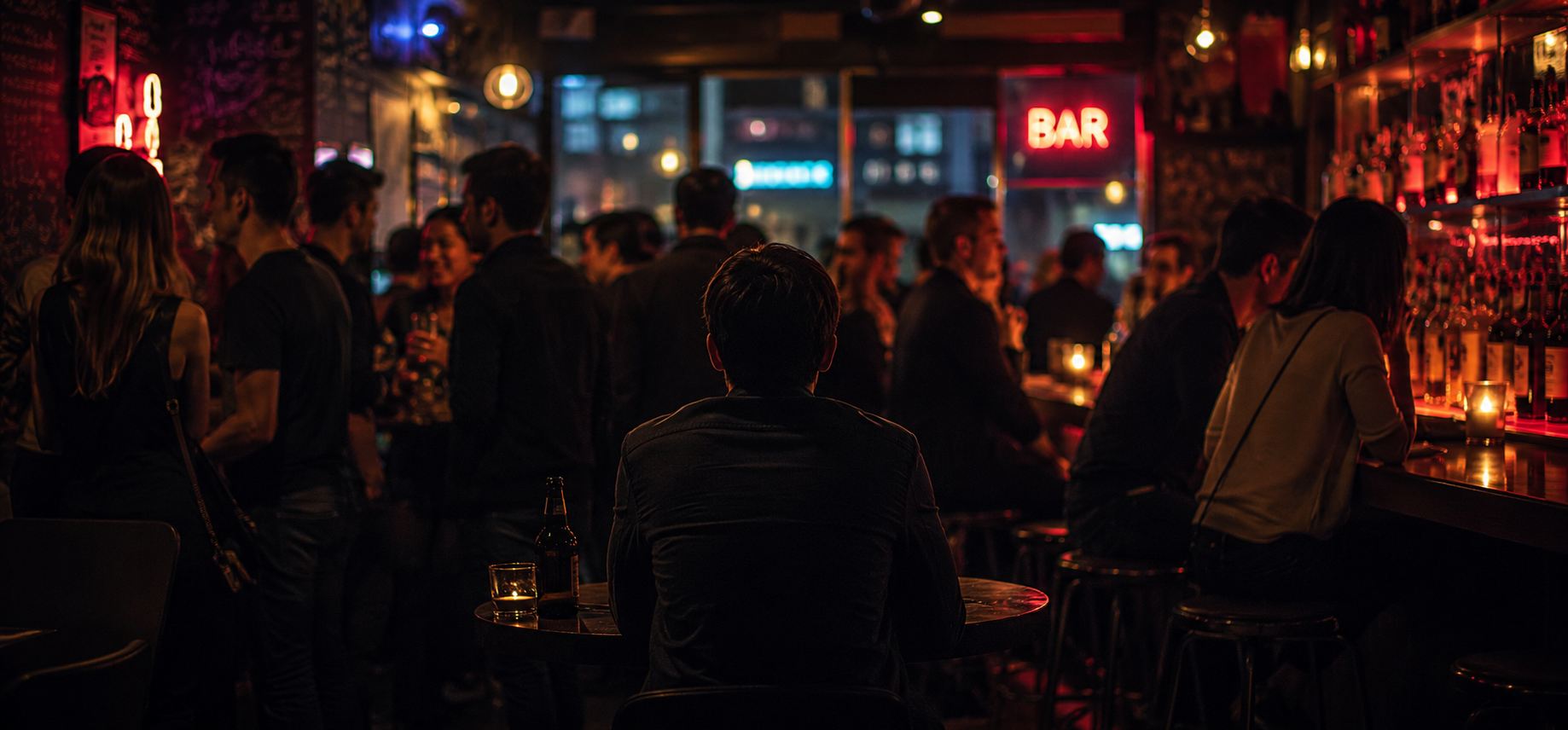 A social Tokyo nightlife crowd meeting and talking